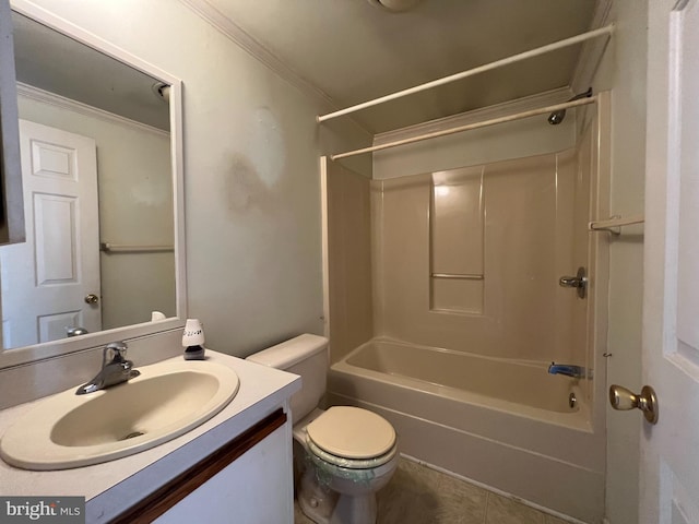 full bathroom with shower / bathing tub combination, vanity, crown molding, tile patterned flooring, and toilet