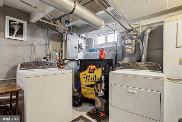 laundry room with electric panel and washer and clothes dryer