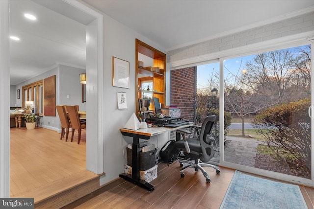 home office with crown molding