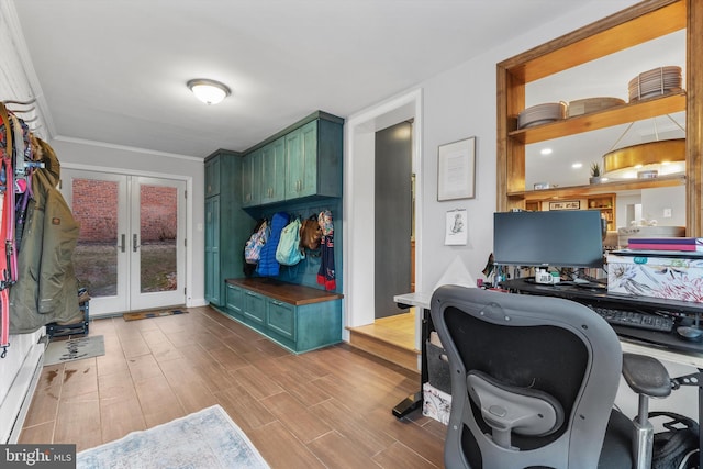 office space featuring ornamental molding and french doors