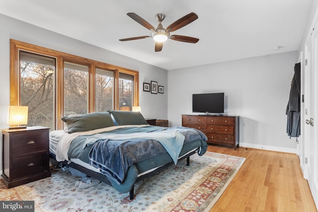 bedroom with ceiling fan and light wood-type flooring