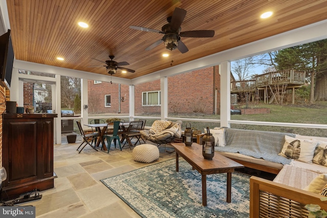 sunroom with ceiling fan and wood ceiling