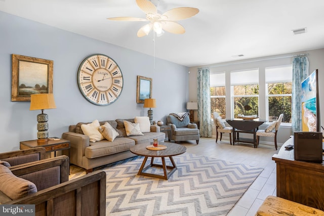 living room featuring ceiling fan