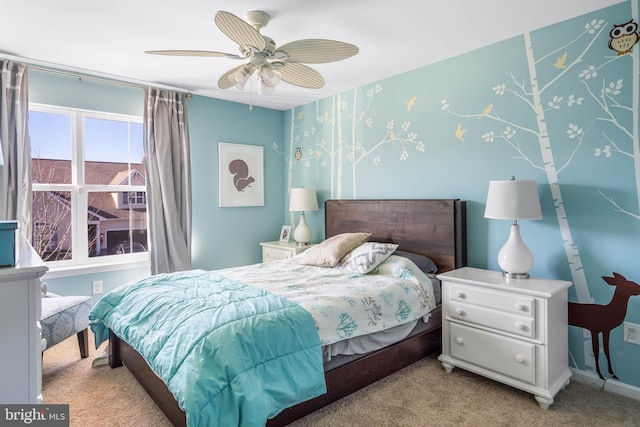 carpeted bedroom featuring ceiling fan