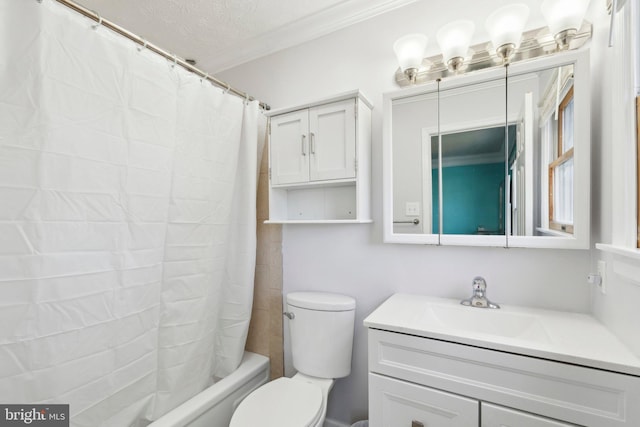 full bathroom with vanity, toilet, ornamental molding, a textured ceiling, and shower / tub combo with curtain