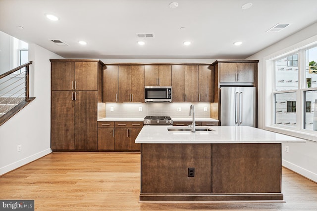 kitchen with light hardwood / wood-style floors, high end appliances, sink, and a kitchen island with sink