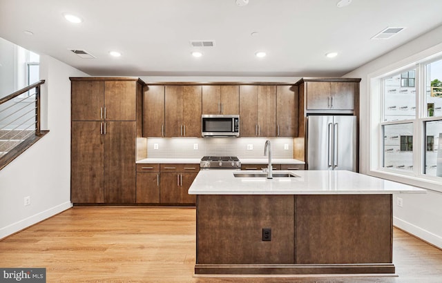 kitchen with sink, tasteful backsplash, a kitchen island with sink, appliances with stainless steel finishes, and light wood-type flooring