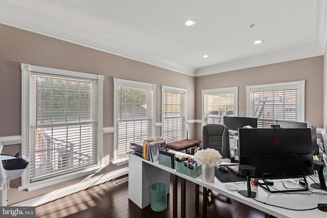 office area with crown molding and hardwood / wood-style floors