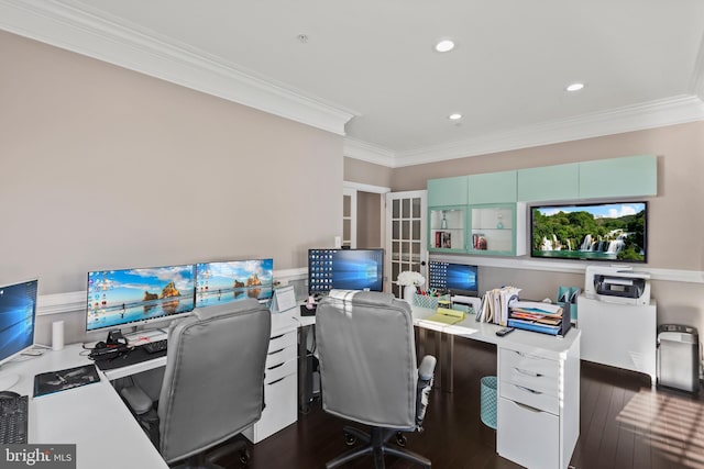 office featuring crown molding and dark hardwood / wood-style flooring