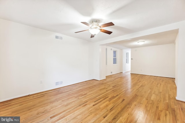 unfurnished room with visible vents, ceiling fan, and light wood finished floors