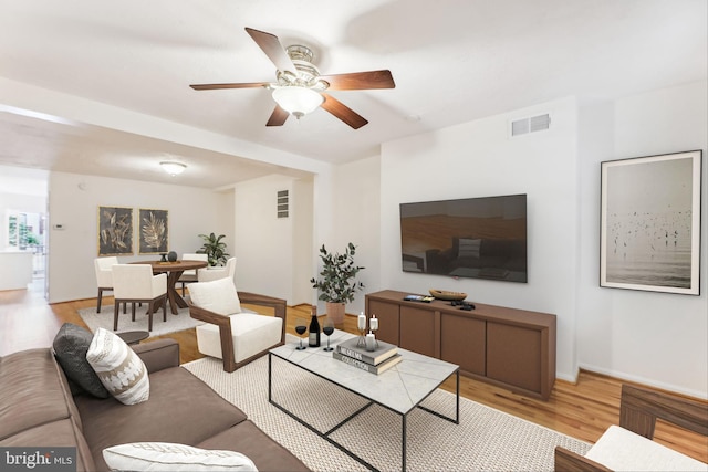 living area featuring visible vents, ceiling fan, light wood-style flooring, and baseboards