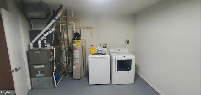 laundry area with water heater and washer and clothes dryer