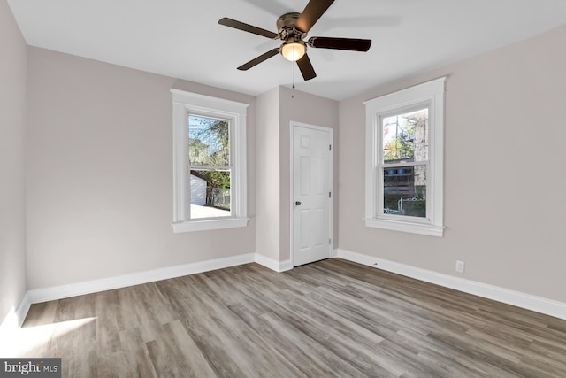 unfurnished room with ceiling fan and light hardwood / wood-style floors