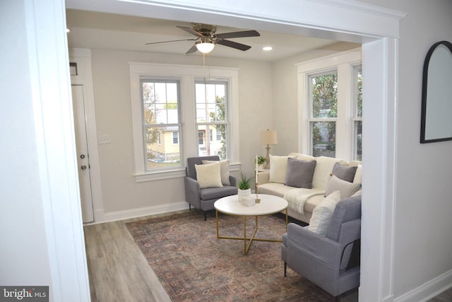 living room with hardwood / wood-style floors, a wealth of natural light, and ceiling fan