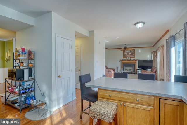 kitchen featuring a breakfast bar, light wood-type flooring, ceiling fan, and ornamental molding