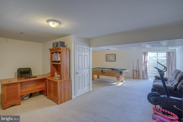 game room with light carpet and billiards