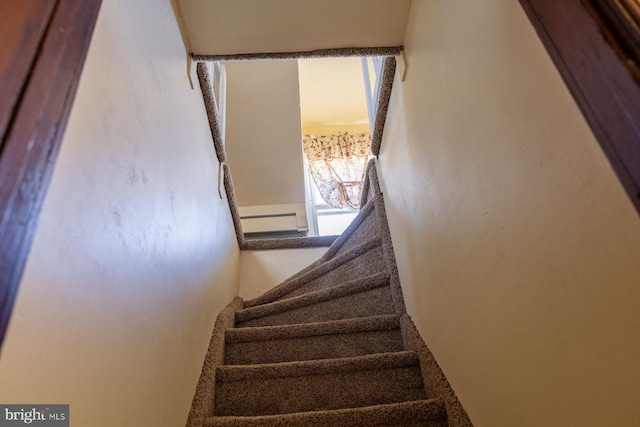 stairway with a baseboard radiator