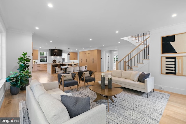 living room with light hardwood / wood-style floors and crown molding