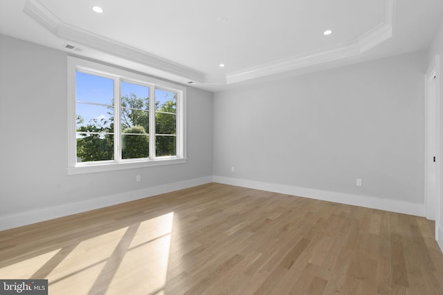 spare room with ornamental molding, light hardwood / wood-style flooring, and a tray ceiling