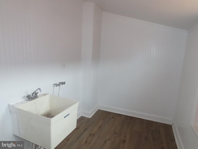 clothes washing area featuring sink and dark wood-type flooring