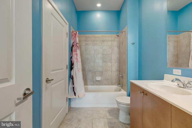 full bathroom with tile patterned flooring, vanity, toilet, and shower / tub combo with curtain