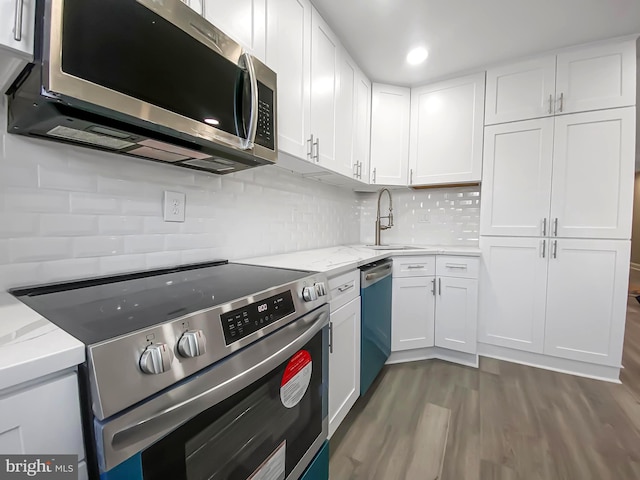 kitchen featuring sink, white cabinetry, appliances with stainless steel finishes, and dark hardwood / wood-style flooring