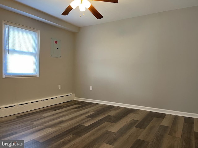 unfurnished room with dark hardwood / wood-style floors, ceiling fan, baseboard heating, and electric panel