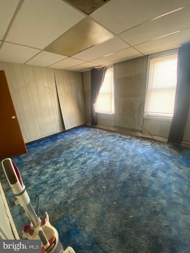 carpeted spare room with a paneled ceiling, a wealth of natural light, and wooden walls