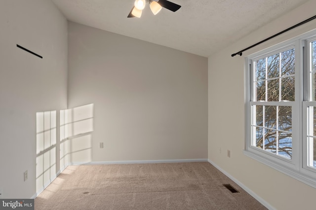 carpeted spare room featuring ceiling fan, plenty of natural light, and a textured ceiling