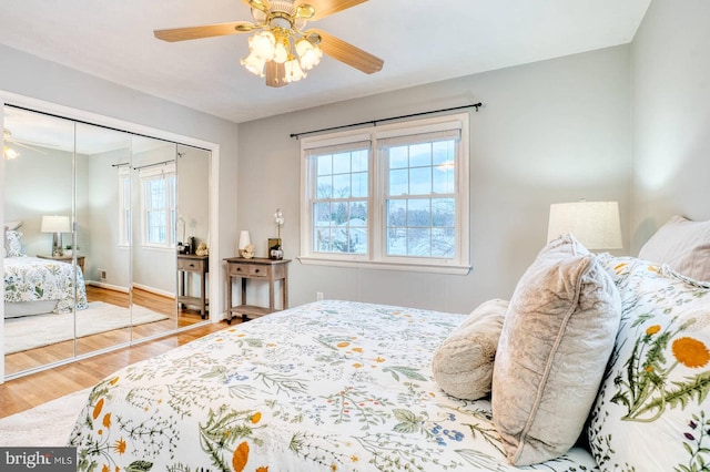 bedroom featuring ceiling fan, wood-type flooring, multiple windows, and a closet