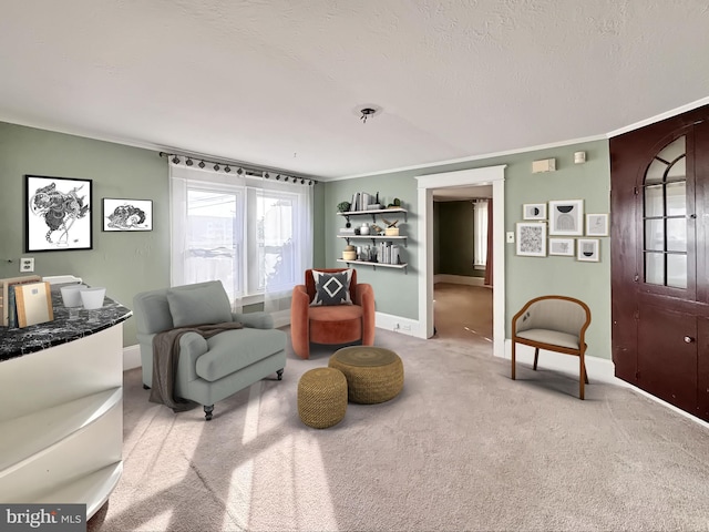 living area featuring crown molding, carpet floors, and a textured ceiling