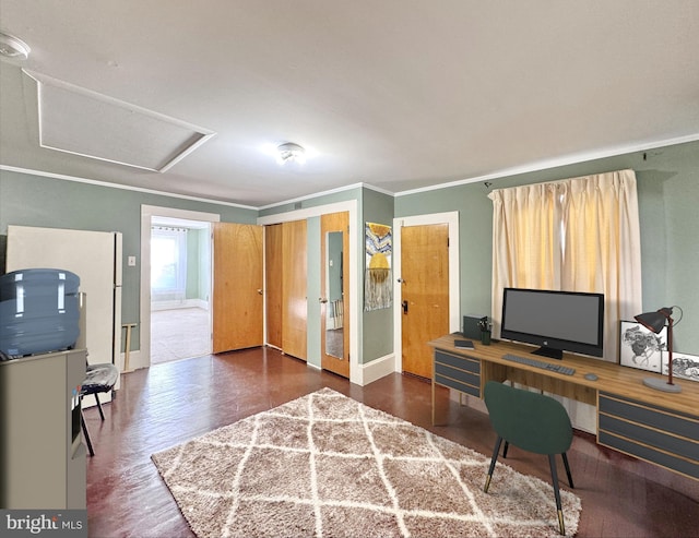 office with dark wood-type flooring and ornamental molding