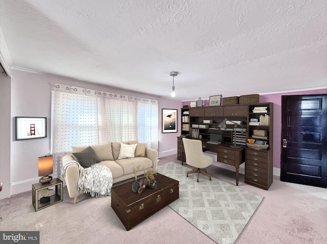 living room with carpet, a textured ceiling, and ornamental molding