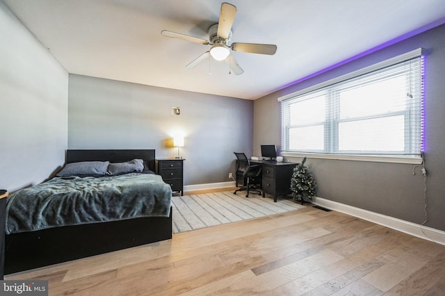 bedroom with hardwood / wood-style flooring and ceiling fan