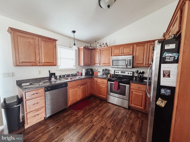 kitchen featuring dark wood-type flooring, sink, vaulted ceiling, appliances with stainless steel finishes, and decorative light fixtures