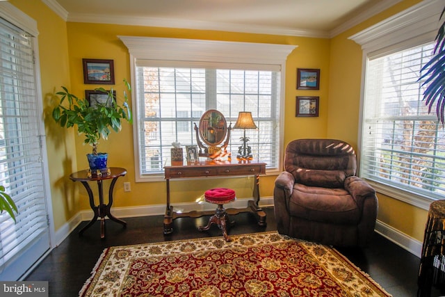 living area featuring crown molding, dark wood-type flooring, and a healthy amount of sunlight