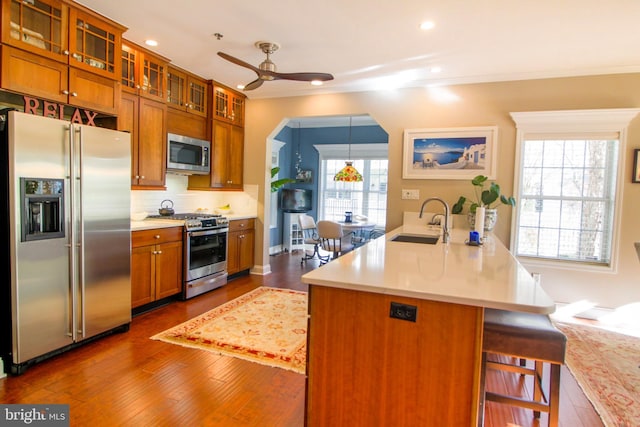 kitchen with a breakfast bar, stainless steel appliances, ceiling fan, dark wood-type flooring, and sink