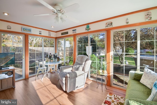 sunroom featuring ceiling fan and a wealth of natural light