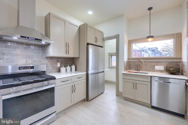 kitchen featuring backsplash, wall chimney range hood, sink, gray cabinets, and appliances with stainless steel finishes