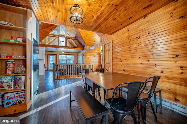 dining area featuring wood ceiling, vaulted ceiling, wooden walls, a notable chandelier, and dark hardwood / wood-style floors