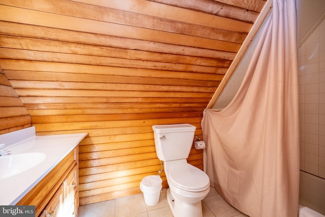 full bathroom featuring shower / bath combination with curtain, tile patterned floors, vanity, log walls, and toilet