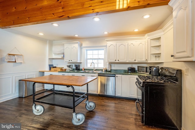 kitchen with white cabinets, sink, black electric range, stainless steel dishwasher, and dark hardwood / wood-style flooring