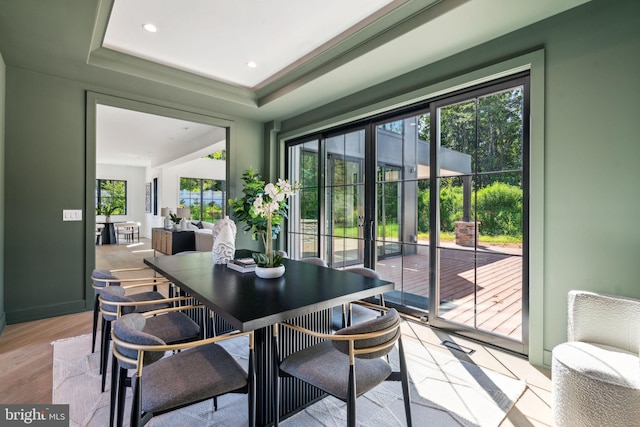 dining room with a raised ceiling and light hardwood / wood-style flooring