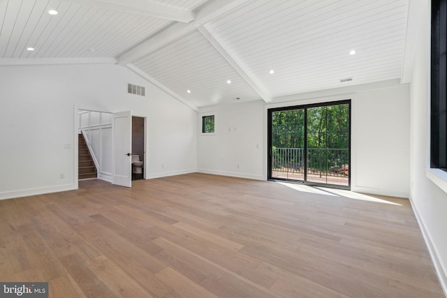 unfurnished living room with beamed ceiling, high vaulted ceiling, and light hardwood / wood-style flooring