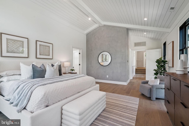 bedroom with high vaulted ceiling, beamed ceiling, wood ceiling, and hardwood / wood-style flooring