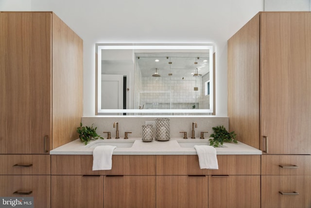 bathroom featuring vanity and a shower with shower door