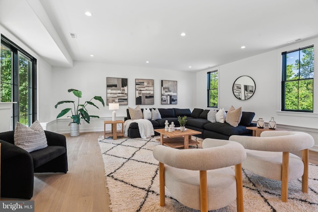 living room with light hardwood / wood-style flooring