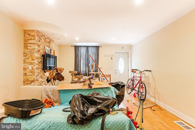 living room with crown molding and wood-type flooring