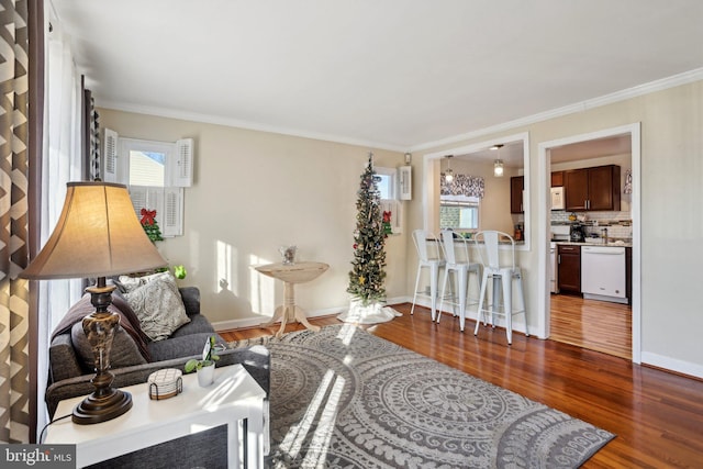 living room with dark hardwood / wood-style floors, crown molding, and a wealth of natural light