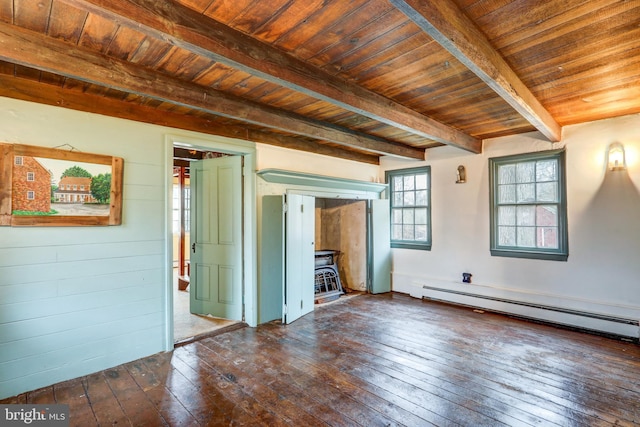 spare room featuring wood ceiling, baseboard heating, dark wood-type flooring, beamed ceiling, and a wood stove